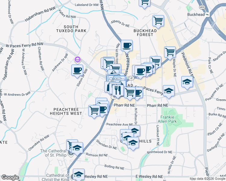 map of restaurants, bars, coffee shops, grocery stores, and more near 120 Buckhead Avenue Northeast in Atlanta