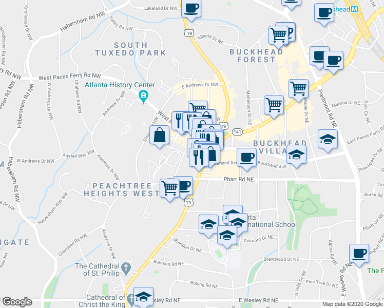 map of restaurants, bars, coffee shops, grocery stores, and more near 3040 Peachtree Road in Atlanta