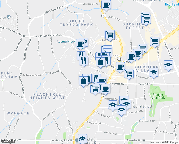 map of restaurants, bars, coffee shops, grocery stores, and more near 3057 Pharr Court North Northwest in Atlanta