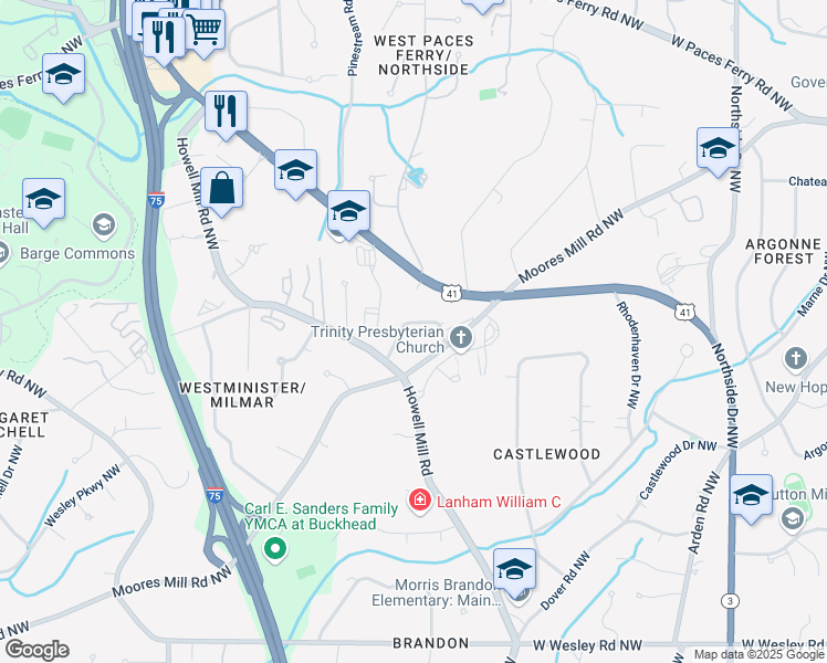 map of restaurants, bars, coffee shops, grocery stores, and more near 3027 Saint Anne's Lane Northwest in Atlanta