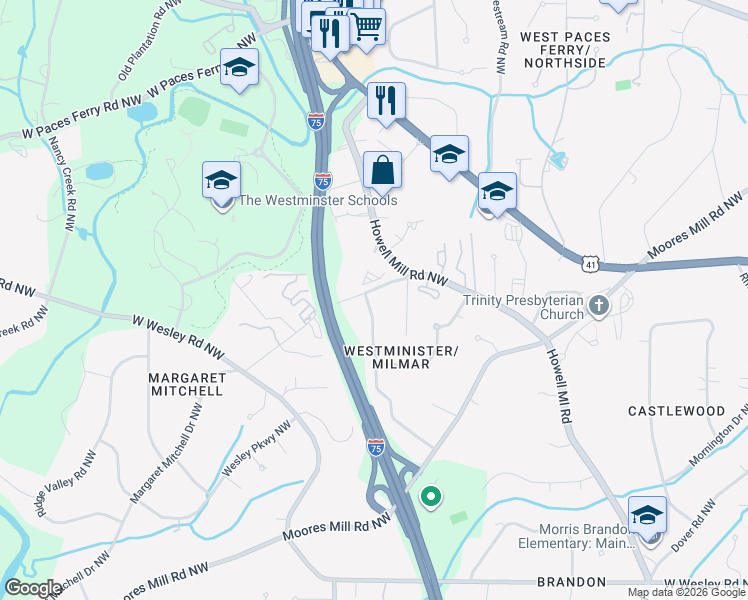 map of restaurants, bars, coffee shops, grocery stores, and more near 3111 Margaret Mitchell Drive Northwest in Atlanta