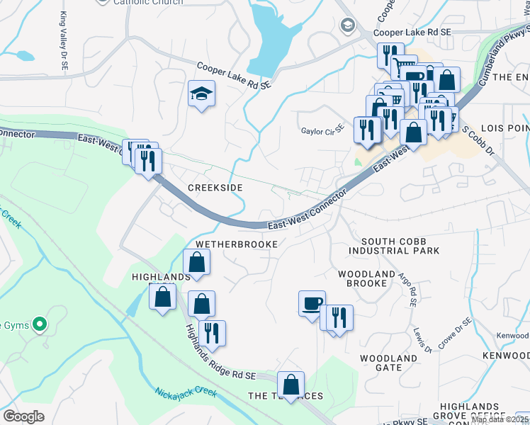 map of restaurants, bars, coffee shops, grocery stores, and more near 4691 Creekside Villas Way in Smyrna