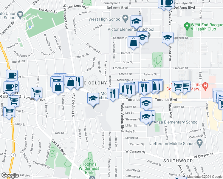 map of restaurants, bars, coffee shops, grocery stores, and more near 5326 Lorna Street in Torrance