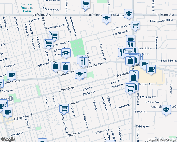 map of restaurants, bars, coffee shops, grocery stores, and more near 1488 East Lincoln Avenue in Anaheim