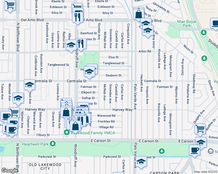 map of restaurants, bars, coffee shops, grocery stores, and more near 4439 Snowden Avenue in Lakewood