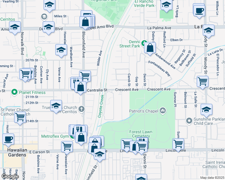 map of restaurants, bars, coffee shops, grocery stores, and more near 12950 Centralia Street in Lakewood