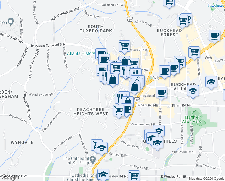 map of restaurants, bars, coffee shops, grocery stores, and more near 3057 Pharr Court North Northwest in Atlanta