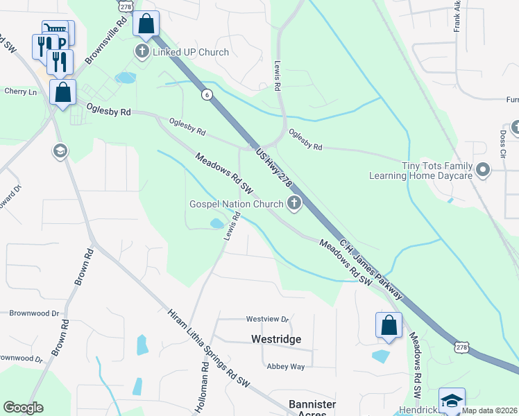 map of restaurants, bars, coffee shops, grocery stores, and more near 4630 Meadows Road Southwest in Powder Springs