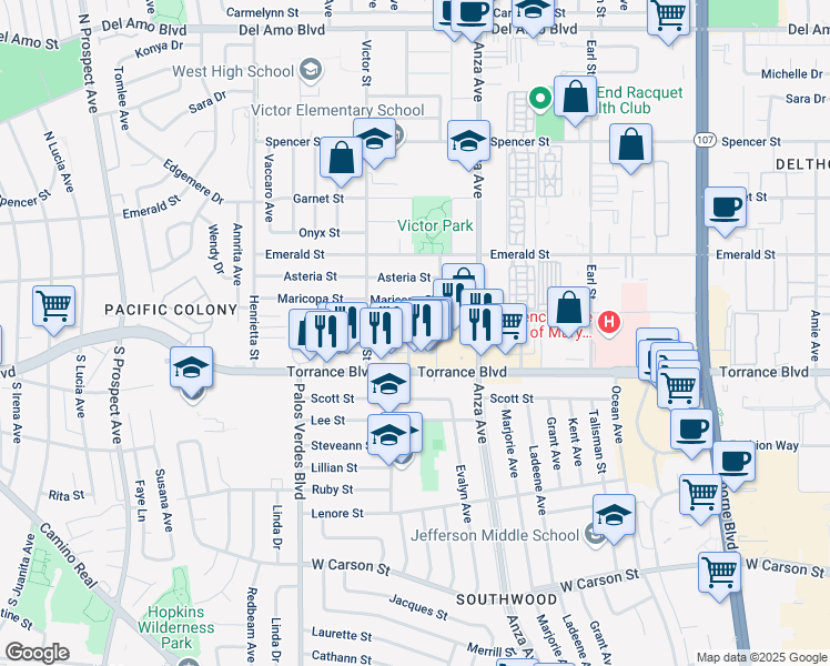 map of restaurants, bars, coffee shops, grocery stores, and more near 21024 Donora Avenue in Torrance