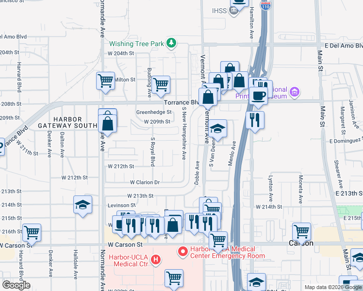 map of restaurants, bars, coffee shops, grocery stores, and more near 21125 Broadwell Avenue in Torrance