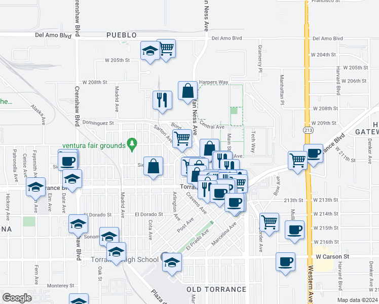 map of restaurants, bars, coffee shops, grocery stores, and more near 838 Arlington Avenue in Torrance