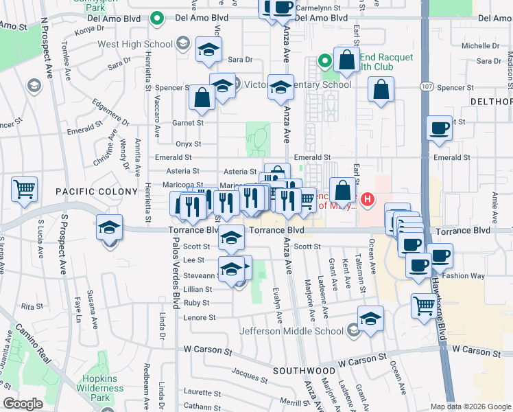 map of restaurants, bars, coffee shops, grocery stores, and more near 21104 Donora Avenue in Torrance
