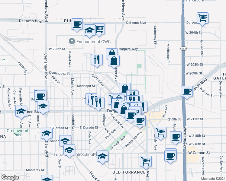 map of restaurants, bars, coffee shops, grocery stores, and more near 838 Arlington Avenue in Torrance