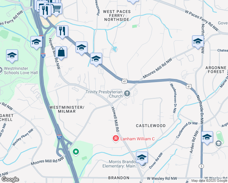 map of restaurants, bars, coffee shops, grocery stores, and more near 3027 Saint Anne's Lane Northwest in Atlanta