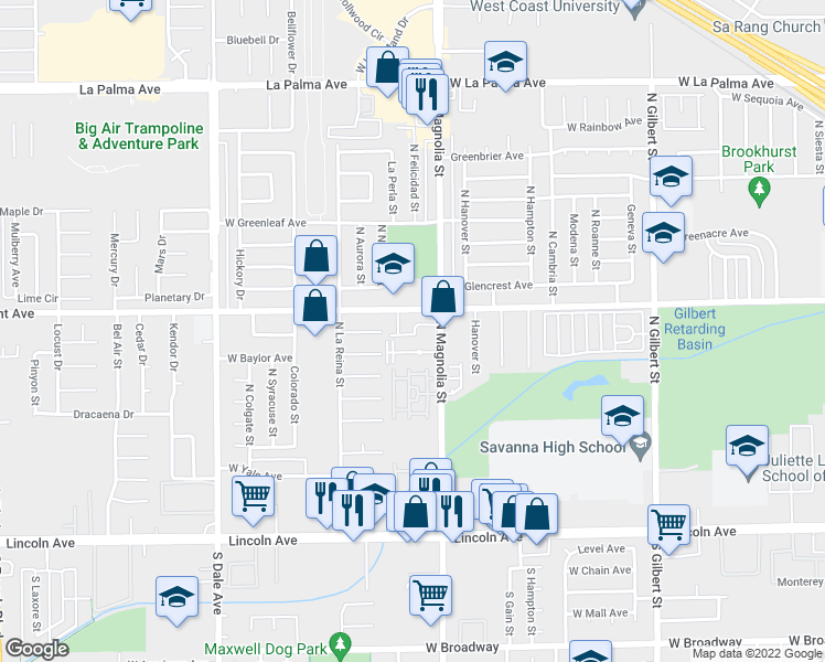 map of restaurants, bars, coffee shops, grocery stores, and more near 2681 West Cameron Court in Anaheim