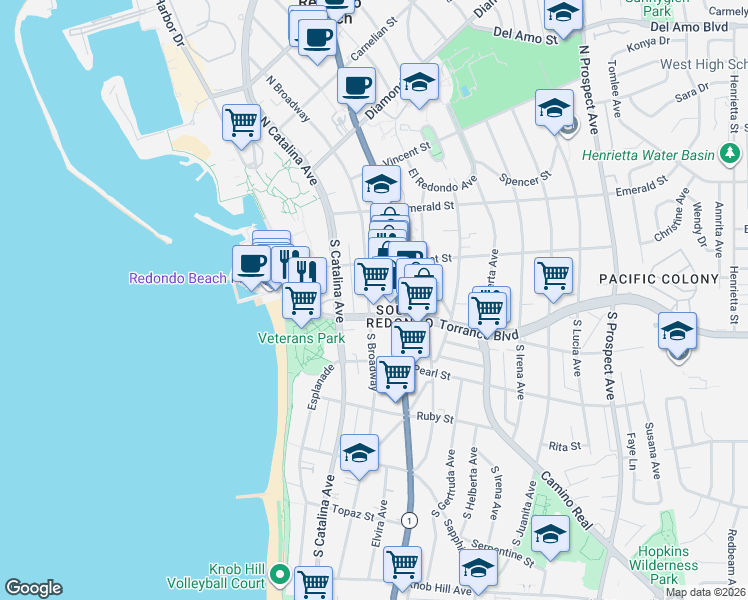 map of restaurants, bars, coffee shops, grocery stores, and more near 240 South Broadway in Redondo Beach