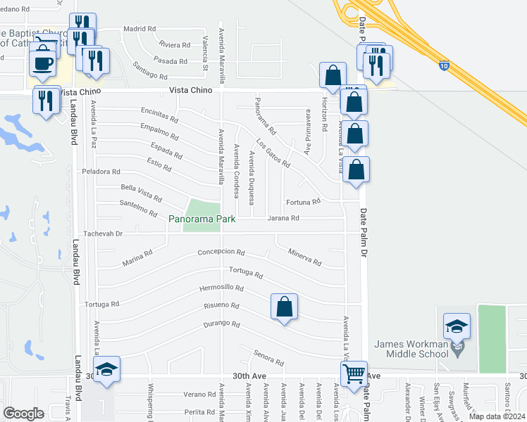 map of restaurants, bars, coffee shops, grocery stores, and more near 28825 Avenida Marquesa in Cathedral City