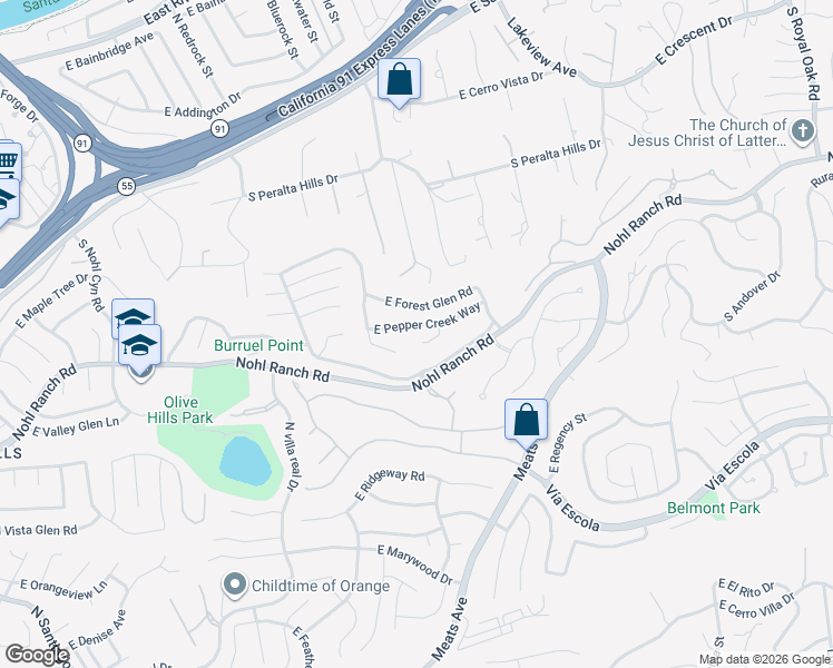map of restaurants, bars, coffee shops, grocery stores, and more near 451 South Wishing Well Lane in Anaheim