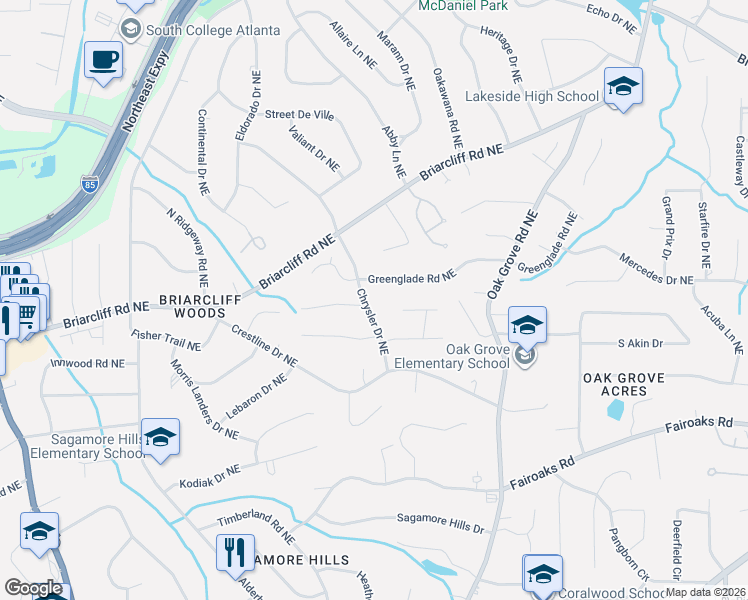 map of restaurants, bars, coffee shops, grocery stores, and more near 1896 Chrysler Drive Northeast in Atlanta