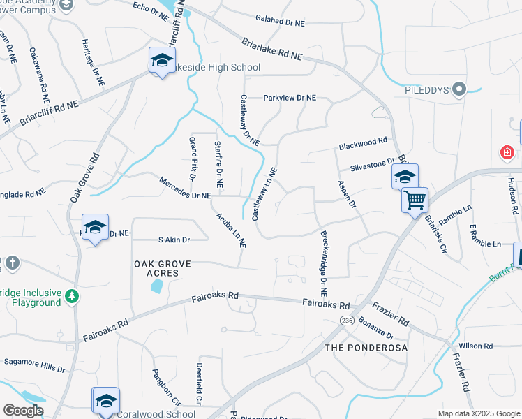 map of restaurants, bars, coffee shops, grocery stores, and more near 1905 Castleway Lane Northeast in Atlanta