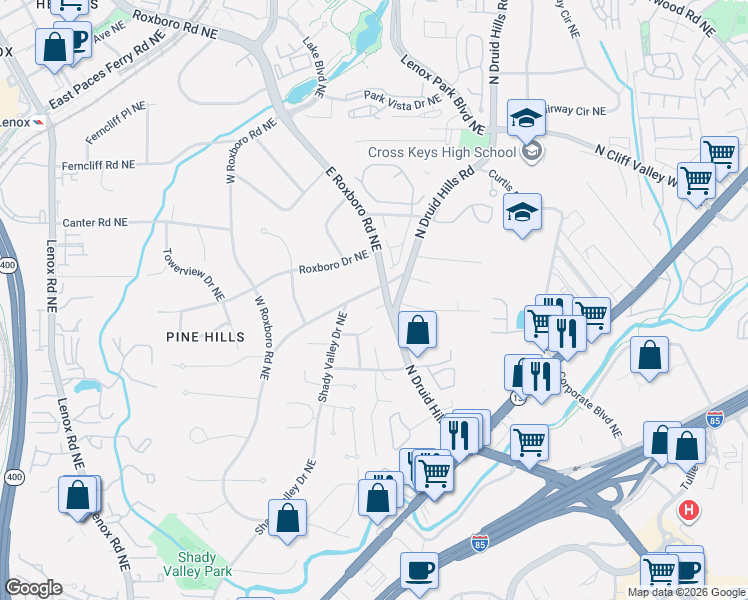 map of restaurants, bars, coffee shops, grocery stores, and more near 1233 Goodwin Road Northeast in Atlanta
