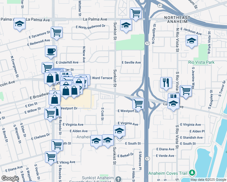 map of restaurants, bars, coffee shops, grocery stores, and more near 297 South Sunkist Street in Anaheim
