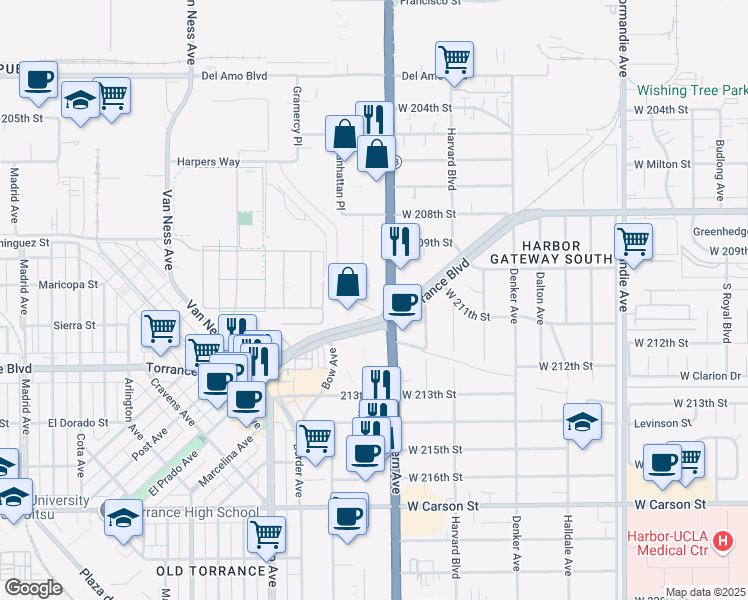 map of restaurants, bars, coffee shops, grocery stores, and more near 21061 Torrance Boulevard in Torrance