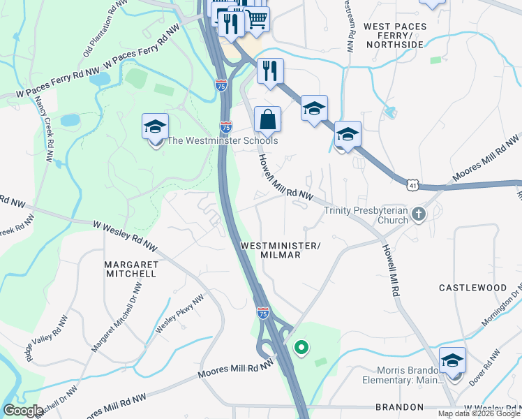 map of restaurants, bars, coffee shops, grocery stores, and more near 3111 Margaret Mitchell Drive Northwest in Atlanta