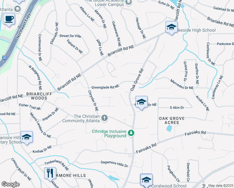 map of restaurants, bars, coffee shops, grocery stores, and more near 2461 Oak Grove Estates Northeast in Atlanta