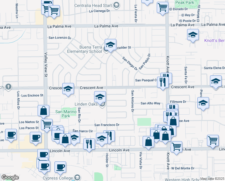 map of restaurants, bars, coffee shops, grocery stores, and more near 6561 San Hugo Way in Buena Park