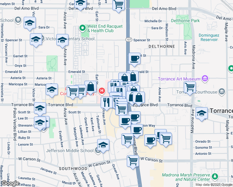 map of restaurants, bars, coffee shops, grocery stores, and more near 21035 Hawthorne Boulevard in Torrance