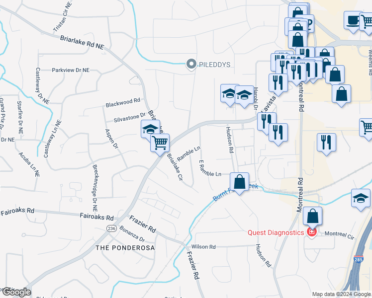 map of restaurants, bars, coffee shops, grocery stores, and more near 2988 Ramble Lane in Decatur