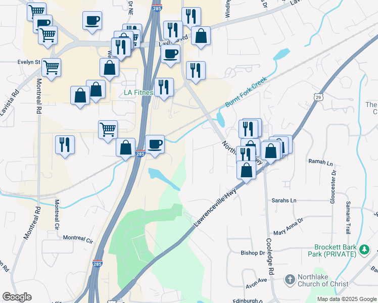 map of restaurants, bars, coffee shops, grocery stores, and more near 1904 Cameo Court in Tucker