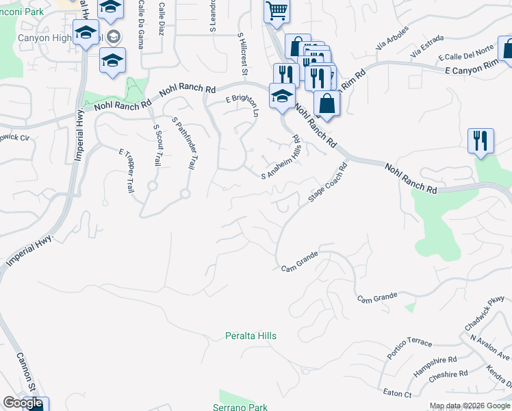 map of restaurants, bars, coffee shops, grocery stores, and more near 763 South Langtree Lane in Anaheim