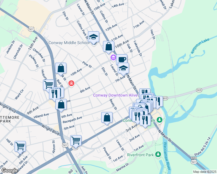 map of restaurants, bars, coffee shops, grocery stores, and more near 1203 7th Avenue in Conway