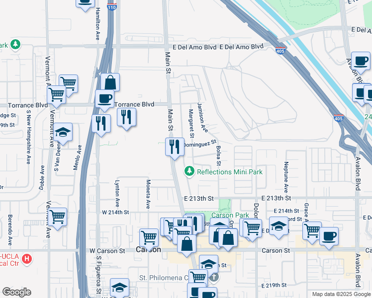 map of restaurants, bars, coffee shops, grocery stores, and more near 21027 Margaret Street in Carson