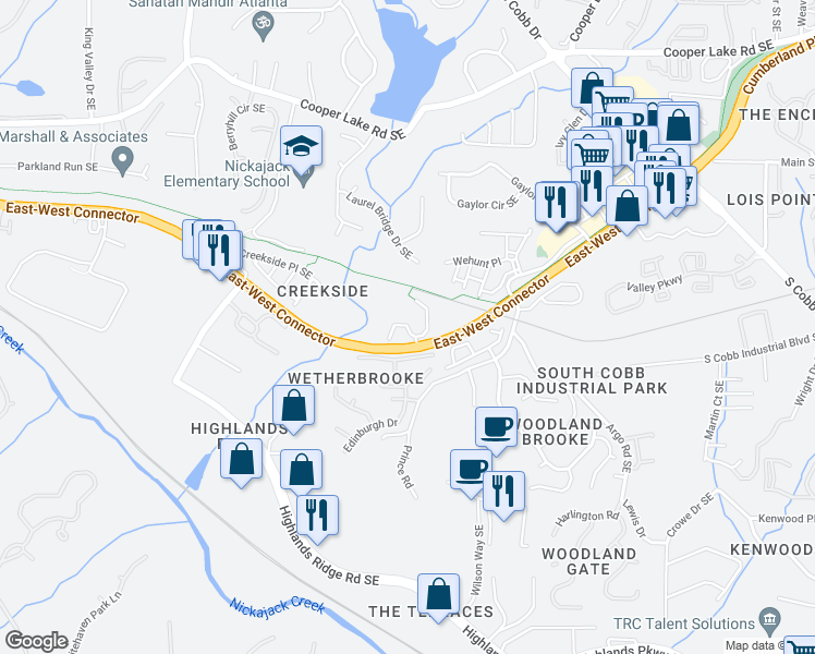 map of restaurants, bars, coffee shops, grocery stores, and more near 4702 Creekside Villas Way in Smyrna
