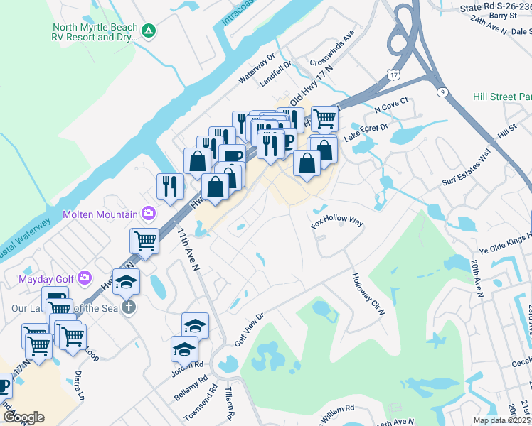 map of restaurants, bars, coffee shops, grocery stores, and more near 47 Shadow Moss Place in North Myrtle Beach