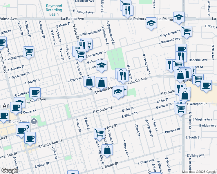 map of restaurants, bars, coffee shops, grocery stores, and more near 105 North Citrus Ranch Road in Anaheim