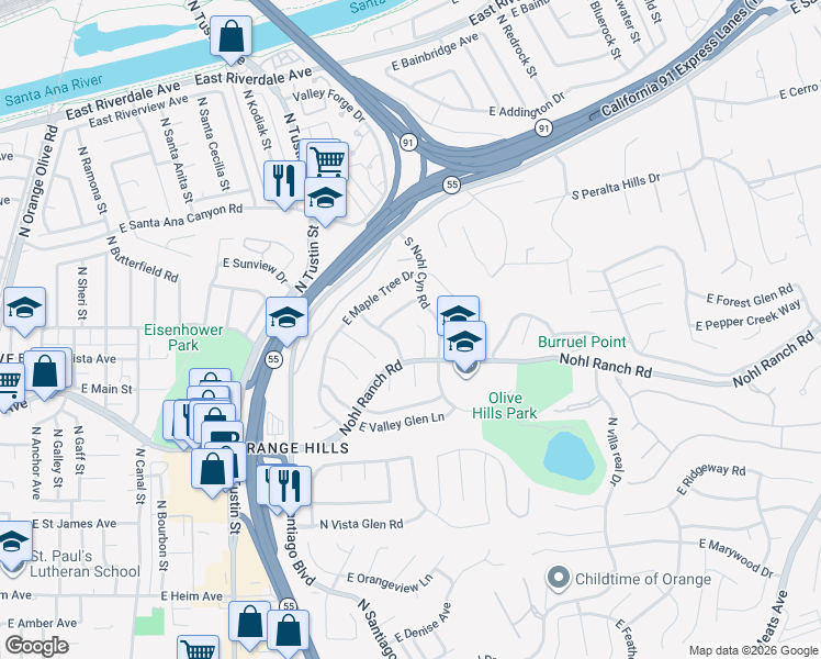 map of restaurants, bars, coffee shops, grocery stores, and more near 403 South Fernhill Lane in Anaheim
