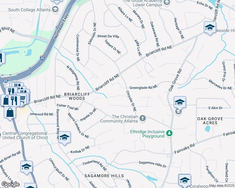 map of restaurants, bars, coffee shops, grocery stores, and more near 2244 Dogwood Lane Northeast in Atlanta