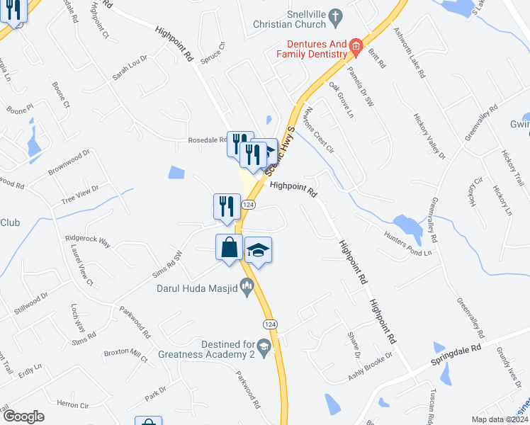map of restaurants, bars, coffee shops, grocery stores, and more near 2965 Gwinnstone Circle Southwest in Snellville