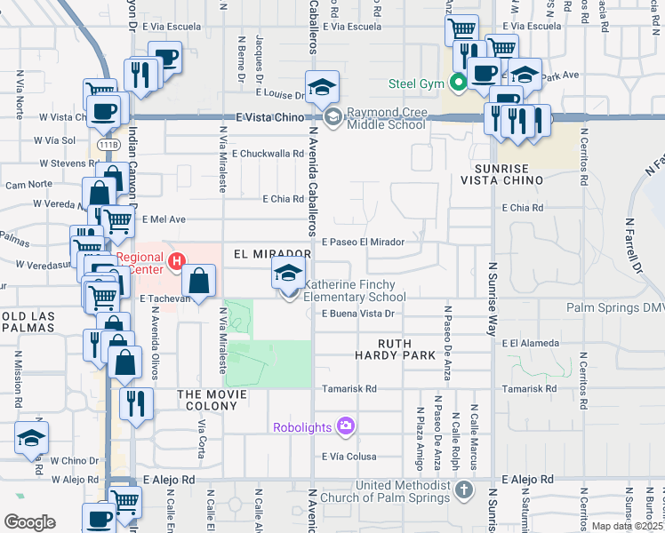 map of restaurants, bars, coffee shops, grocery stores, and more near 1020 East Olive Way in Palm Springs