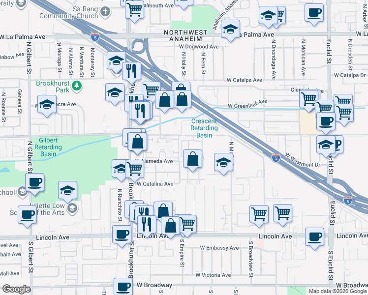 map of restaurants, bars, coffee shops, grocery stores, and more near 550 North Wake Forest Drive in Anaheim