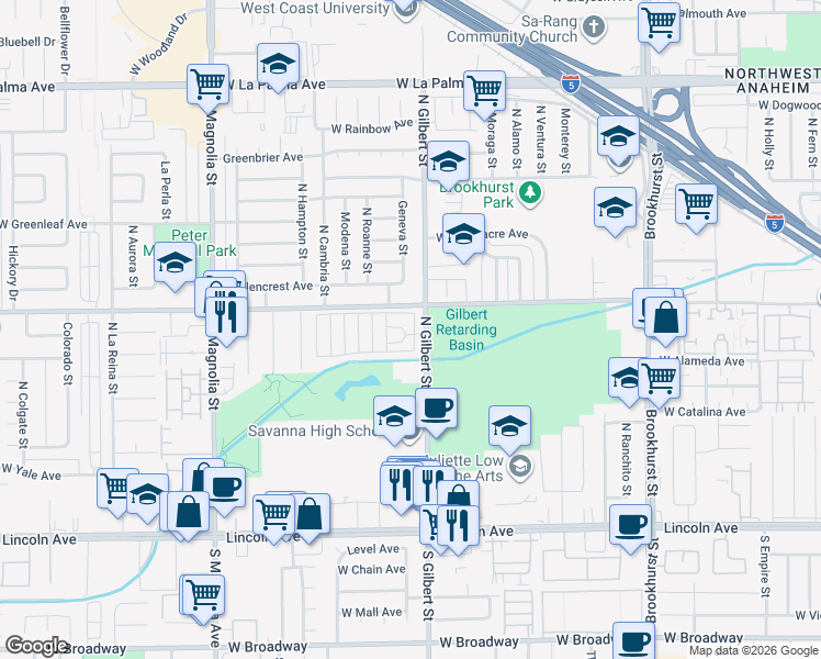 map of restaurants, bars, coffee shops, grocery stores, and more near 525 North Gilbert Street in Anaheim
