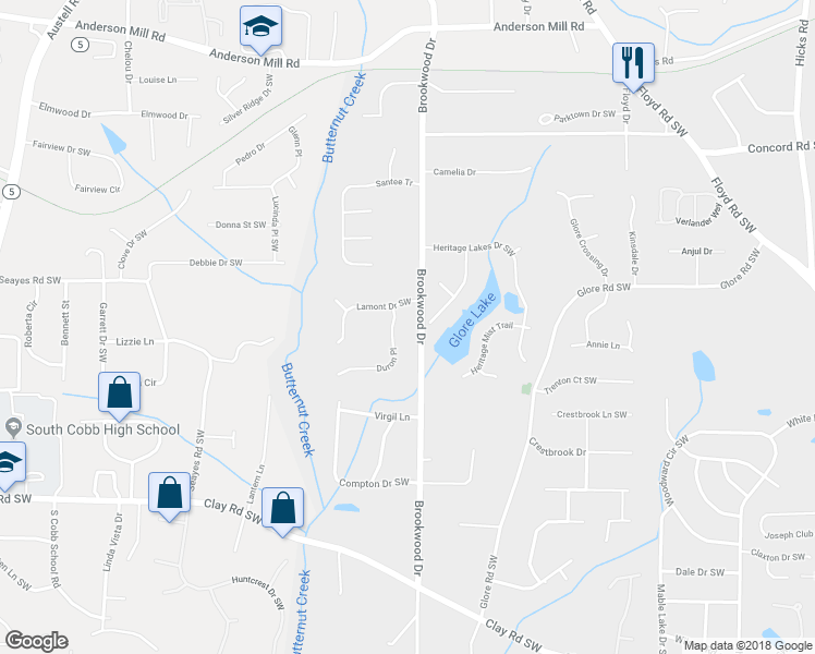 map of restaurants, bars, coffee shops, grocery stores, and more near 4555 Duron Place Southwest in Mableton