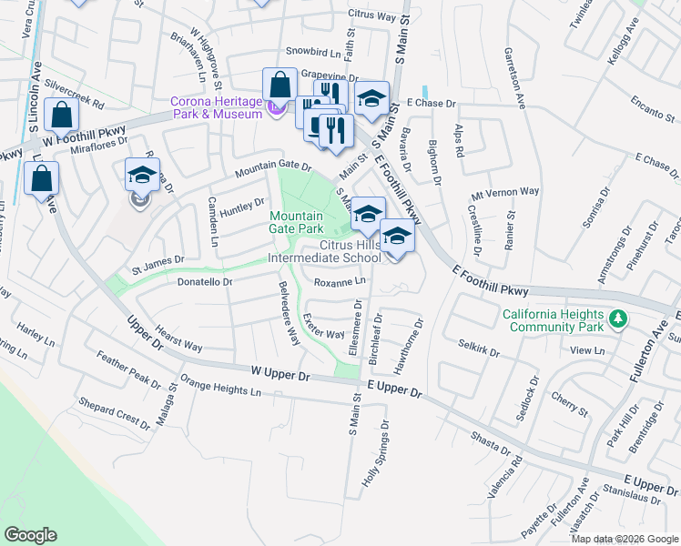 map of restaurants, bars, coffee shops, grocery stores, and more near 212 Jessica Lane in Corona