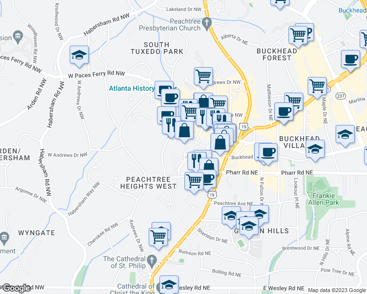 map of restaurants, bars, coffee shops, grocery stores, and more near 3057 Pharr Court North Northwest in Atlanta