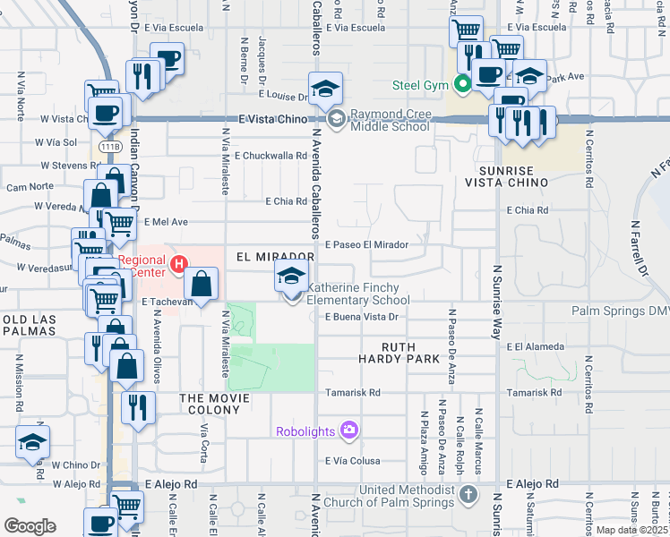 map of restaurants, bars, coffee shops, grocery stores, and more near 1020 East Olive Way in Palm Springs