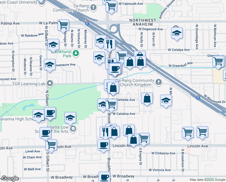 map of restaurants, bars, coffee shops, grocery stores, and more near 510 North Brookhurst Street in Anaheim